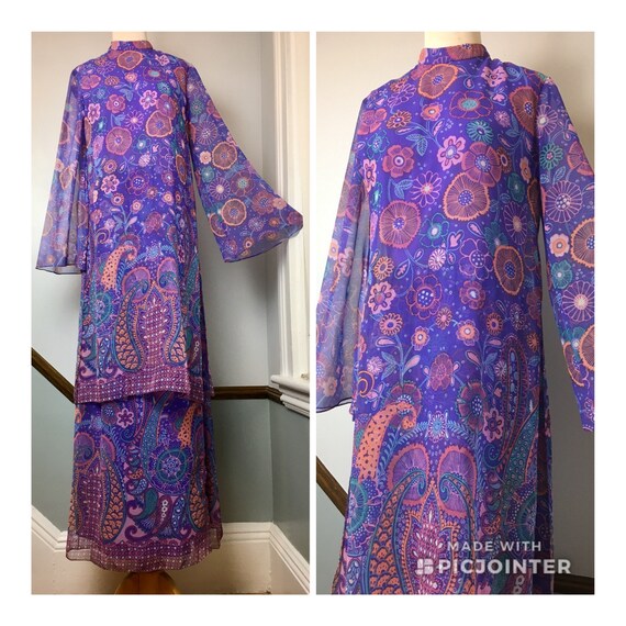 60s Fab Purple Print Multi-Layer Hostess Gown / 60