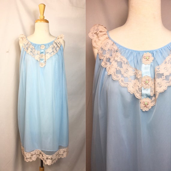 1960s Baby Blue Peignoir Pajama Nightie Nightgown