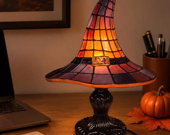 Witch Hat Halloween Table Lamp, Stained Glass Ambient Desk Light, Cozy Autumn Home Decor