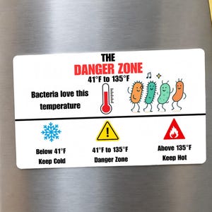May include: A rectangular white refrigerator magnet featuring a food safety chart titled THE DANGER ZONE 41°F to 135°F. It includes illustrations of four cartoon bacteria, a thermometer, and icons for cold, danger, and hot temperature ranges.