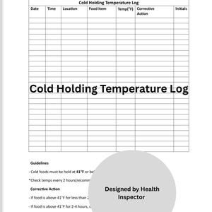 Cold Holding Temperature Log, Food Safety Program, Regrigerated Food, Temperature Chart, Restaurant Daily Operations (Digital Download)