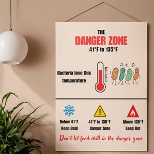 May include: A cream-colored poster with the text "THE DANGER ZONE" and temperature ranges in Fahrenheit. It features illustrations of a thermometer, bacteria, and warning symbols. The text "Don't let food chill in the danger zone" is also included.