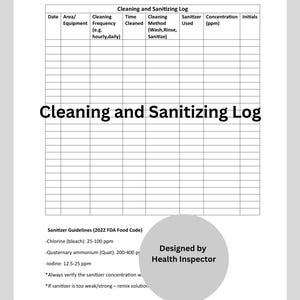 Rengörings- och desinficeringslogg, livsmedelssäkerhetsprogram, kyld mat, hygien, livsmedelssäkerhetsdiagram (digital nedladdning)