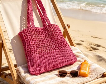 Handmade Crochet File Beach Bag - Pink Cotton Market Bag (35x40 cm)