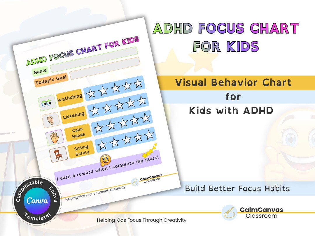 ADHD Focus Chart for Kids, Visual Behavior Reward System (printable PDF ...