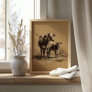 Op de afbeelding: Een ingelijste sepia-afdruk van een koe en een kalf in een veld. Het kunstwerk bevindt zich in een lichte houten lijst en wordt tentoongesteld op een houten vensterbank. Een vaas met gedroogde planten en een witte doek staan ook op de vensterbank.