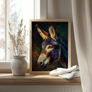 Retrato de burro melancólico - Arte mural de estilo rústico vintage, pintura expresiva de animales, detalles texturizados, decoración imprimible, descarga instantánea 463