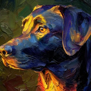 Könnte beinhalten: Ölgemälde eines schwarzen Hundekopfes im Profil, mit Fokus auf Auge und Ohr. Das Kunstwerk verwendet dicke Pinselstriche und eine Palette aus Blau-, Gelb- und Grüntönen, um ein strukturiertes, ausdrucksstarkes Porträt zu schaffen. Das Fell des Hundes ist mit sichtbaren Pinselstrichen wiedergegeben.