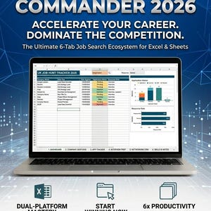 May include: A laptop screen shows a spreadsheet labelled "UK JOB HUNT TRACKER 2026." The image advertises a job search tool for Excel and Sheets, with the slogans "Accelerate Your Career" and "Dominate the Competition."