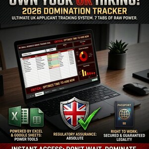 Könnte beinhalten: Ein Laptop mit einem UK-Bewerber-Tracking-System, mit dem Text "2026 Domination Tracker". Das Bild enthält Symbole für Excel und Google Sheets, ein UK-Flaggen-Schild und einen Reisepass, was auf ein Geschäfts- oder HR-Thema hindeutet.