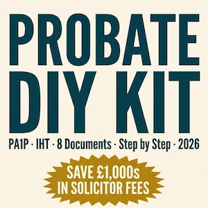 Może przedstawiać: Niebiesko-zielona i złota grafika z tekstem "DO YOUR OWN PROBATE" i "PROBATE DIY KIT". Dodatkowy tekst zawiera "SAVE £1,000s IN SOLICITOR FEES" i "PLAIN ENGLISH - EDITABLE - ENGLAND & WALES."