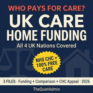 May include: A navy blue graphic with white and red text that reads "WHO PAYS FOR CARE? UK CARE HOME FUNDING." Includes the text "All 4 UK Nations Covered" and "NHS CHC = 100% FREE CARE." Also includes the text "3 FILES. Funding + Comparison + CHC Appeal 2026."