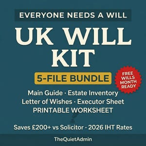 May include: A teal graphic with the text "EVERYONE NEEDS A WILL" and "UK WILL KIT". It includes a "5-FILE BUNDLE" and a "FREE WILLS MONTH READY" badge. The kit includes a main guide, estate inventory, and printable worksheet.