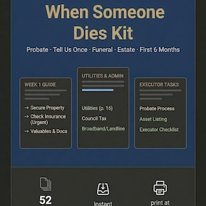 May include: A UK Bereavement Admin Guide, "When Someone Dies Kit", covering probate, funeral, and estate administration. Features checklists for week 1, utilities, and executor tasks. The guide is 52 pages and can be printed at home.