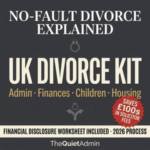 May include: A dark gray graphic with white and gold text promoting a UK Divorce Kit. The text reads "NO-FAULT DIVORCE EXPLAINED" and "UK DIVORCE KIT." Additional text includes "Admin, Finances, Children, Housing" and "Saves £100s in Solicitor Fees."