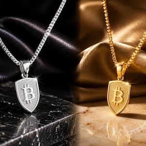 Shield of Satoshi Pendant Necklace, Bitcoin Symbol, Gold Vermeil, Sterling Silver Crypto Jewelry