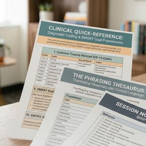 May include: Three printed documents on a wooden surface. The top document reads "CLINICAL QUICK-REFERENCE" and lists diagnostic coding and SMART goal frameworks. The second document is titled "THE PHRASING THESAURUS". The third document is titled "SESSION NOTE TEMPLATE".