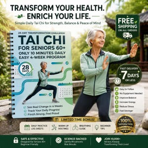 May include: An advertisement for a Tai Chi program for seniors. The image features a woman demonstrating Tai Chi poses, alongside a spiral-bound book with the title "Tai Chi for Seniors 60+". The ad promises strength, balance, and peace of mind.