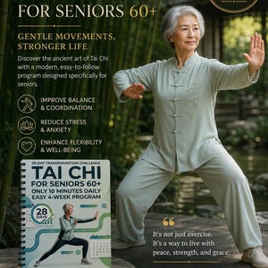 May include: An older person in a light green Tai Chi outfit demonstrates a pose. The image promotes a 28-day Tai Chi programme for seniors, emphasising gentle movements for improved balance, reduced stress, and enhanced well-being.