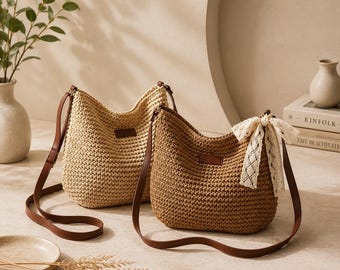 Handwoven Raffia Shoulder Bag, Boho Summer Straw Purse, Crossbody Tote Bag