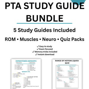 Op de afbeelding: Een bundel PTA-studiegidsen met de titel "PTA Study Guide Bundle". De bundel bevat 5 studiegidsen over ROM, Muscles, Neuro en Quiz Packs. De gidsen zijn gemakkelijk te bestuderen, examengericht en bevatten geheugentrucs. Inclusief quizpagina's.