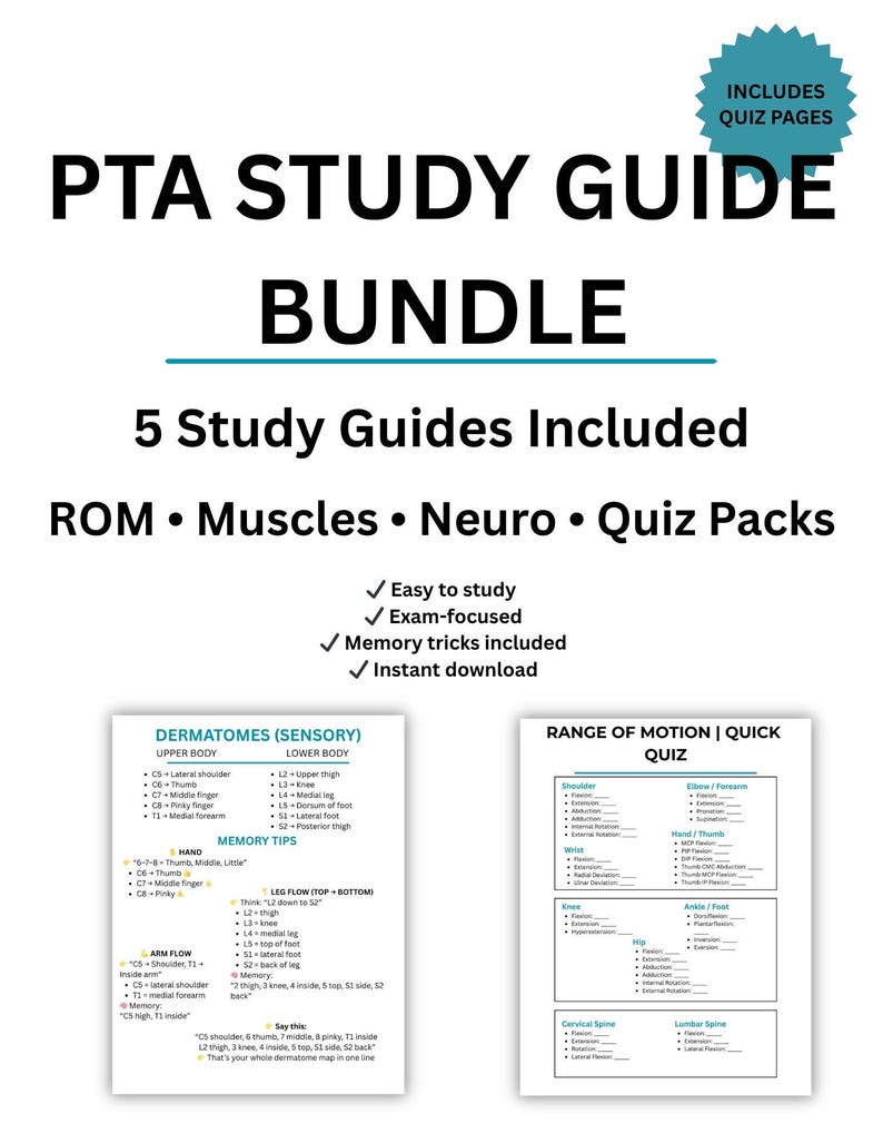 PTA Study Guide Bundle | ROM, Muscles, Neuro, Quiz Packs (NPTE Exam ...