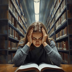 Puede incluir: Una persona con un suéter gris está sentada en una mesa de madera en una biblioteca, con un libro abierto frente a ella. Se agarra la cabeza con las manos, pareciendo estresada, con filas de libros en estanterías al fondo.