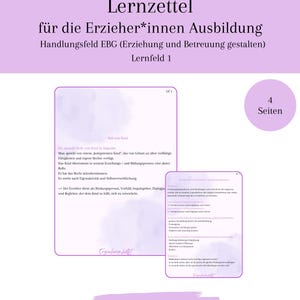 Könnte beinhalten: Ein lilafarbenes Lehrdokument mit dem Titel "Lernzettel" und Text auf Deutsch. Das Dokument enthält zwei rechteckige Einsätze mit Text und einen lila Kreis mit der Zahl "4" und dem Wort "Seiten". Der untere Teil des Dokuments trägt den Text "Zum Ausdrucken".