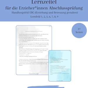 Op de afbeelding: Blauw en wit educatief document in het Duits, getiteld "Lernzettel" voor opvoeders. Het behandelt het actieveld EBG en de leergebieden 1, 2, 5, 6, 7, 8 en 9. Het document bevat diagrammen en de tekst "Zum Ausdrucken".