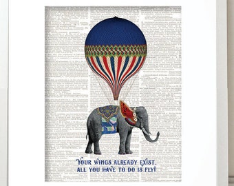 Steampunk, globo de aire caliente impresión, impresiones de elefante, impresiones Steampunk, globo de aire caliente pared arte, arte de pared de elefante, sala de niños