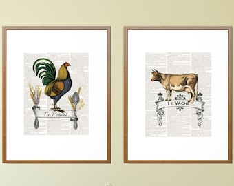Le Poulet Art, Le Vache, Le Poulet Prints, Rooster Prints, Farm Animal Prints, French Rooster Art, Farm Animals Art,