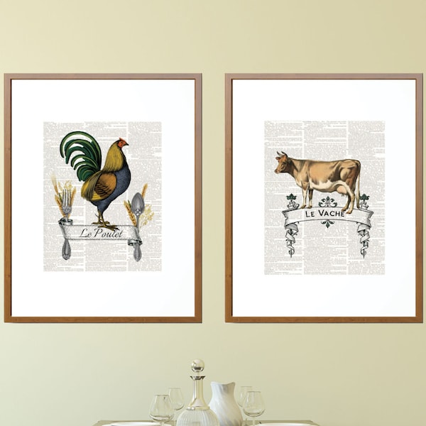 Le Poulet Art, Le Vache, Le Poulet Prints, Rooster Prints, Farm Animal Prints, French Rooster Art, Farm Animals Art,