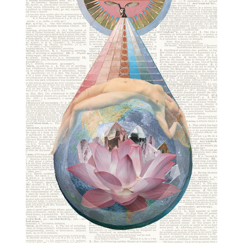 May include: A digital art collage featuring a pink lotus flower, crystals, and a nude female figure. The figure is positioned above a globe, with a rainbow-colored beam of light emanating from the top of the image.