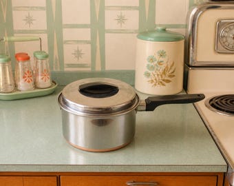 Vintage Ekcoware 1 Qt Stainless Steel with Copper Bottom Pot Saucepan w/ Lid, 7"