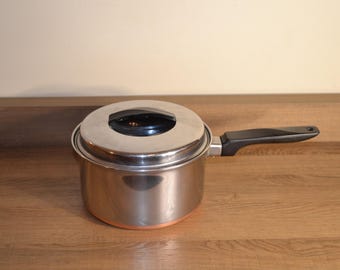 Vintage Ekcoware 1 Qt Stainless Steel with Copper Bottom Pot Saucepan w/ Lid, 7"