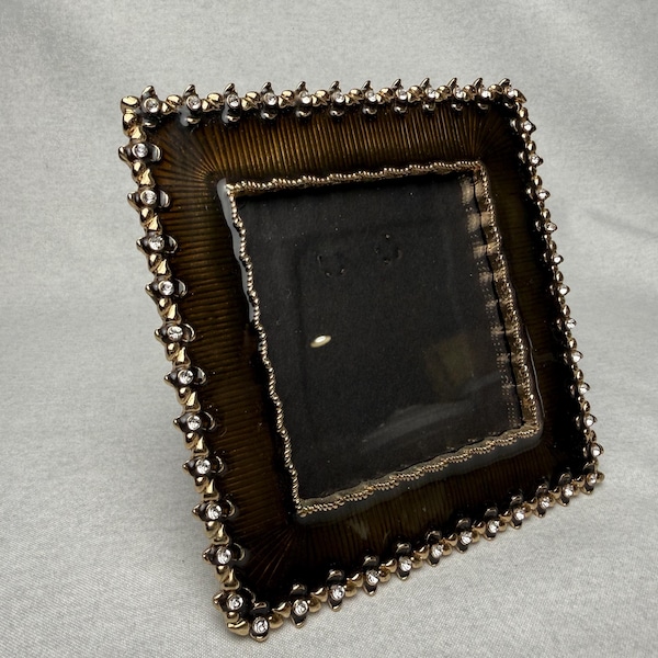Vintage fyrkantig fotoram – guldmässingstoner, diamantdekorationer, 12,5 x 12,5 cm