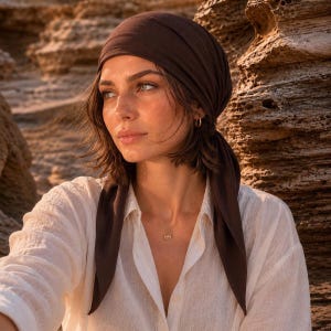 May include: A dark brown headscarf tied securely around the head, worn with a white button-down shirt. The headscarf features long, pointed ends that drape down the sides. A delicate gold necklace with a small teardrop pendant is clearly visible.