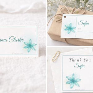 Puede incluir: Un conjunto de tarjetas blancas con detalles florales turquesas y texto. Una tarjeta dice "Emma Clarke", otra "Sofia To" y una tercera "Thank You Sofia". Las tarjetas son rectangulares con un borde turquesa.