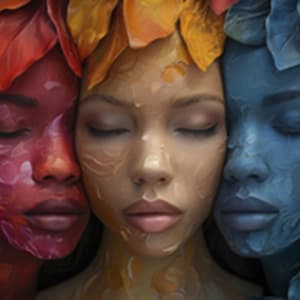 May include: A digital artwork depicting three faces side-by-side, each adorned with textured, leaf-like elements. The left face is deep red, the center face is warm tan, and the right face is cool blue, all featuring closed eyes and smooth skin.