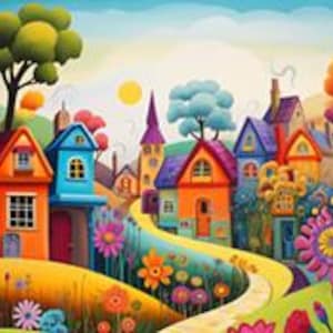 Può includere: Una vivace illustrazione di un villaggio stravagante con case colorate nelle tonalità dell'arancione, blu e viola, immerse tra verdi colline. Un sentiero giallo serpeggiante attraversa un giardino pieno di grandi fiori multicolori.