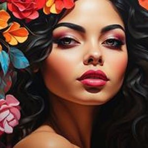 Può includere: Un ritratto di una persona con lunghi capelli scuri ondulati adornati con vivaci fiori arancioni, gialli e rosa. La persona ha sopracciglia definite, ombretto scuro e rossetto rosa brillante, su uno sfondo astratto blu e arancione.