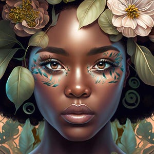 May include: A portrait of a person with dark skin and dark curly hair adorned with large cream and brown flowers and green leaves. The face features intricate green leaf-patterned makeup around the eyes, with a soft neutral lip color and brown eyes.
