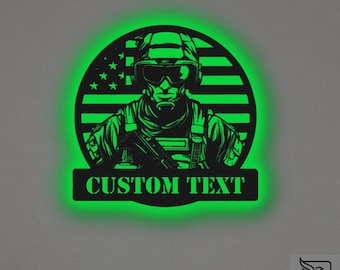 Custom US Soldier Metal Wall Art - RGB LED Military Decor, American Flag Sign