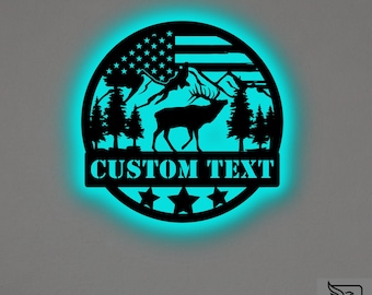Custom USA Flag Deer Metal Wall Art: RGB LED Rustic Cabin Decor