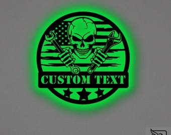 Custom US Skull Mechanic Metal Wall Art – RGB LED Garage Decor, American Flag Sign