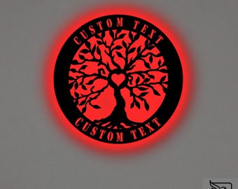 Custom Tree of Life Metal Wall Art: RGB LED Family Name Sign