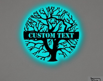 Custom Tree of Life Metal Wall Art – RGB LED Spiritual Decor, Family Name Sign