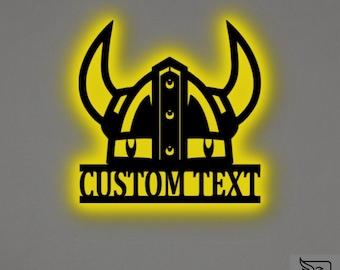 Custom Viking Helmet Metal Wall Art – RGB LED Nordic Decor, Warrior Sign