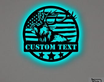 Custom USA Flag Deer Metal Wall Art – RGB LED Hunting Decor, Patriotic Sign