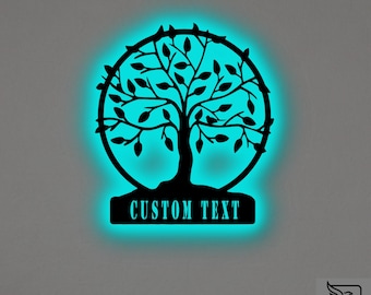 Custom Tree of Life Metal Wall Art – RGB LED Nature Decor, Family Name Sign